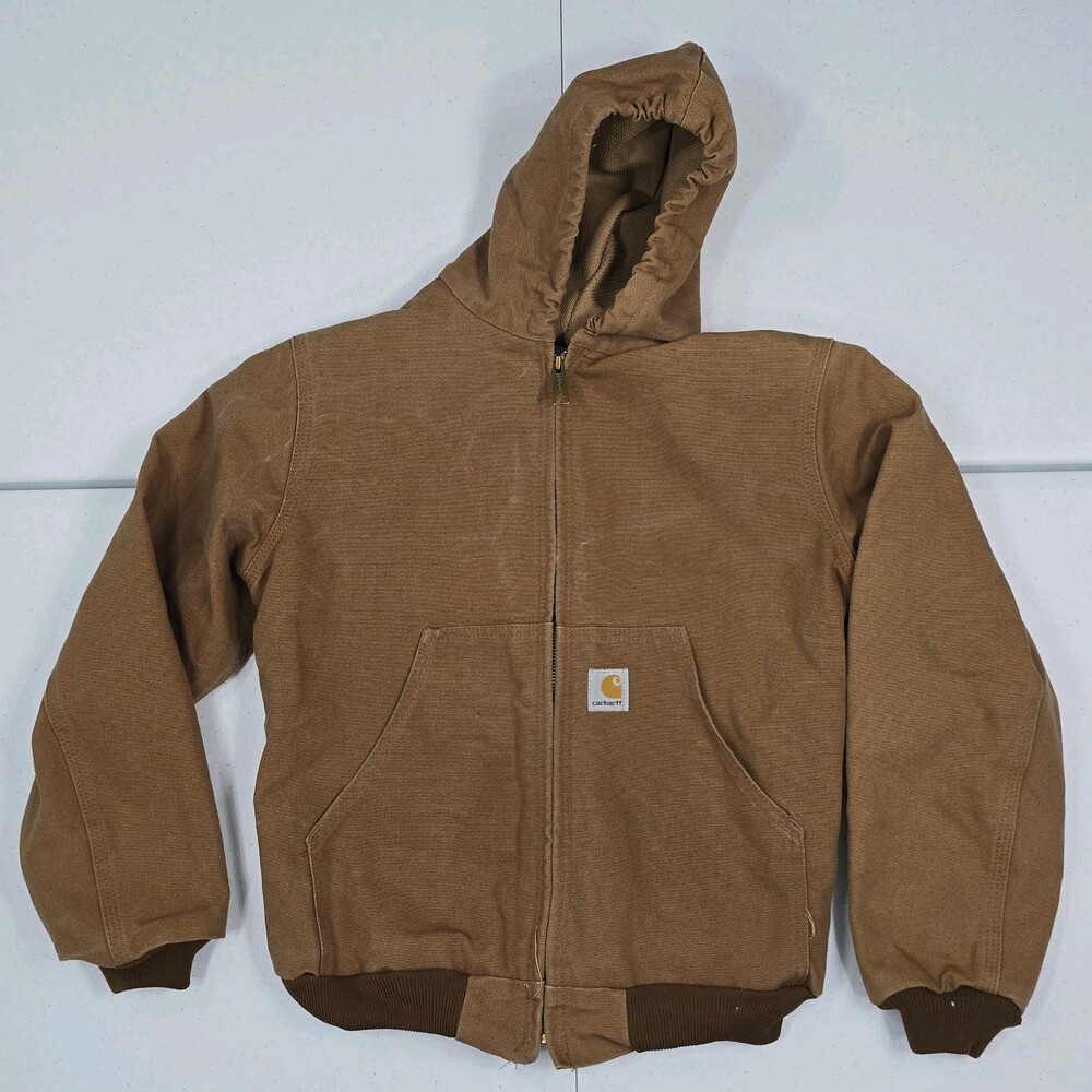 Carhartt Boys L Hooded Insulated Active Bomber Work Chore Brown Duck Jacket